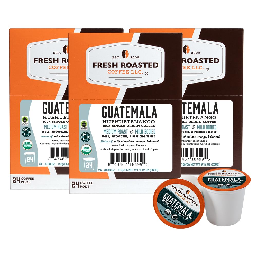 Fresh Roasted Coffee empaque frontal mostrando certificaciones y frescura