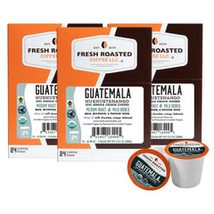 Fresh Roasted Coffee empaque frontal mostrando certificaciones y frescura