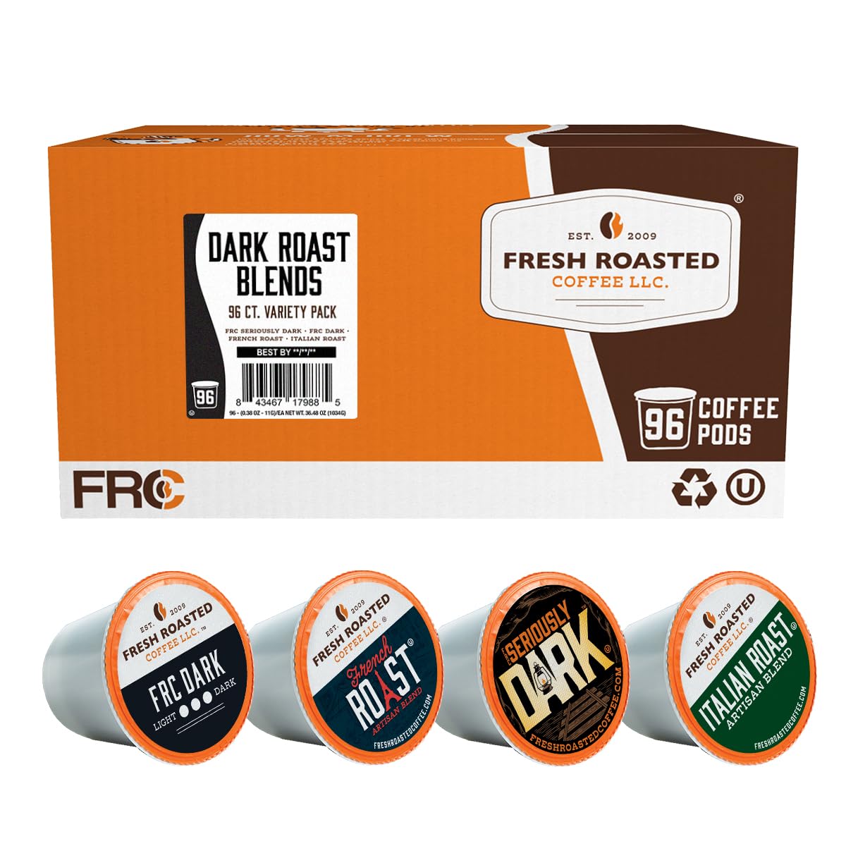 Fresh Roasted Coffee frontal del pack mostrando 96 cápsulas y variedad