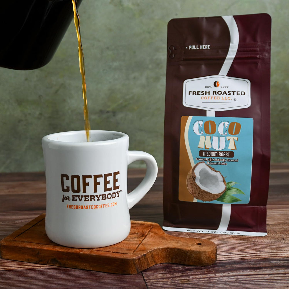Fresh Roasted Coffee bolsa abierta con aroma de coco preservado