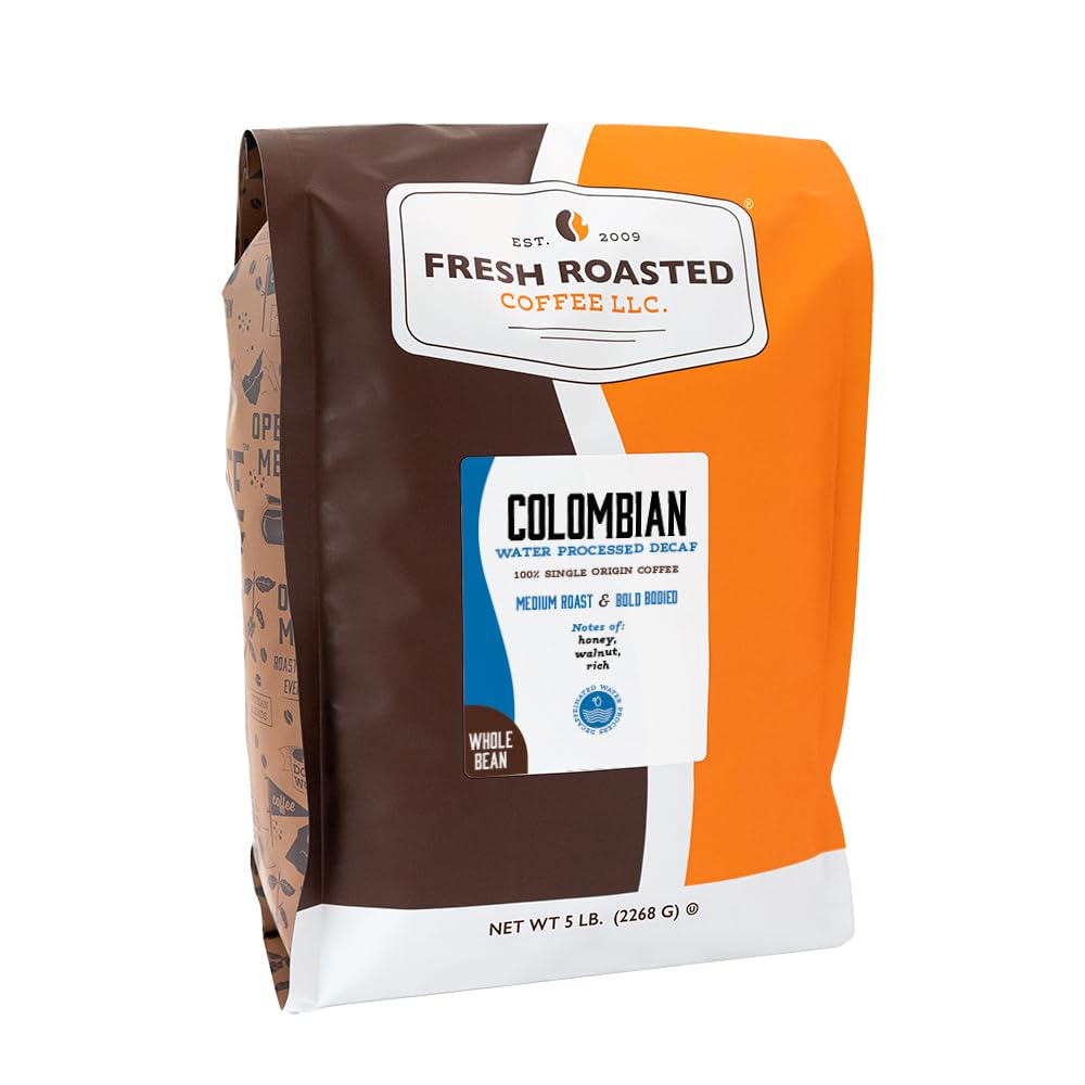 Fresh Roasted Coffee paquete frontal mostrando etiqueta clara y beneficio de descafeinado