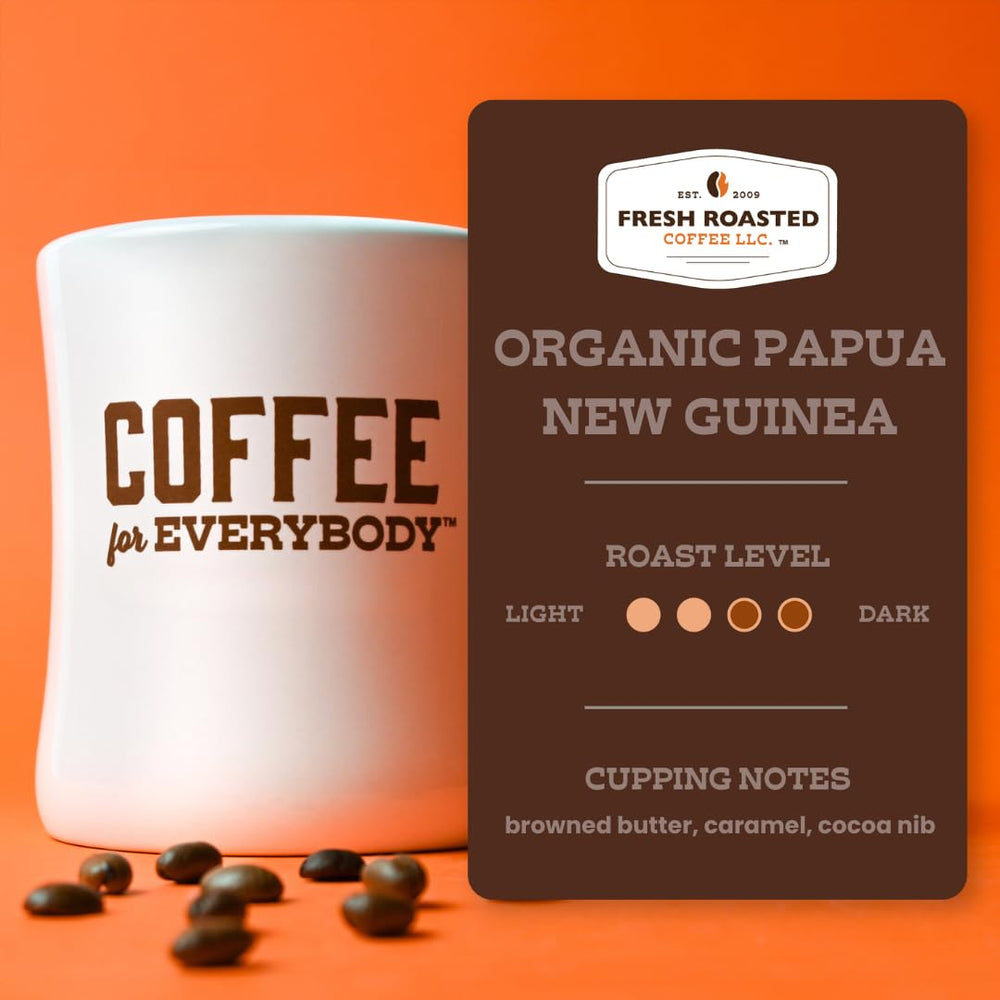 Fresh Roasted Coffee taza servida junto a la bolsa para atraer clientes