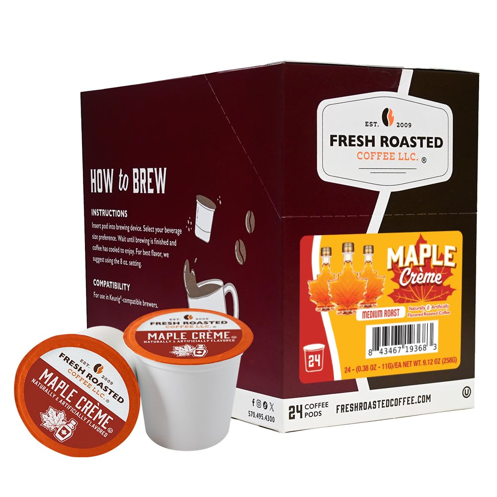 Fresh Roasted Coffee paquete frontal Maple Crème mostrando el logo y conteo 24