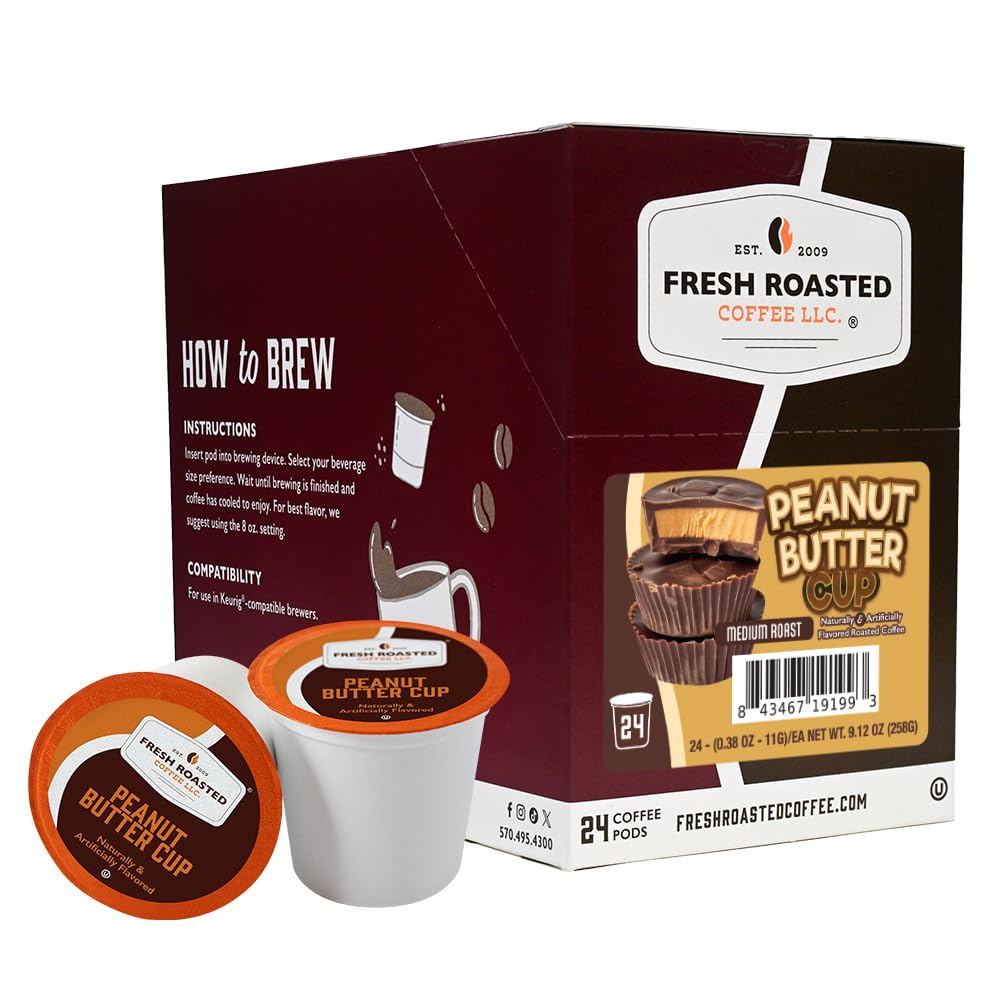 Fresh Roasted Coffee frontal del paquete mostrando 24 cápsulas y beneficios de sabor