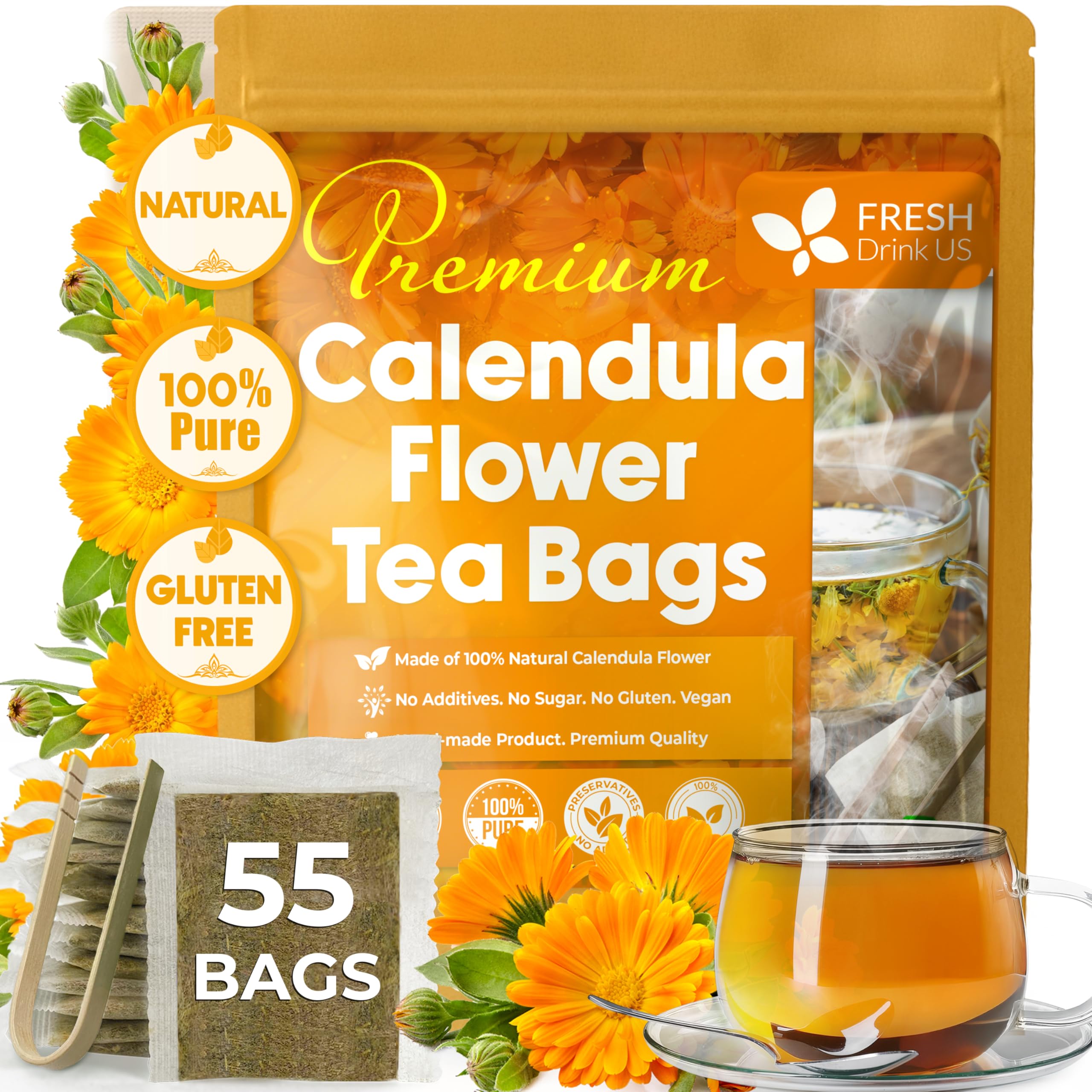 FreshDrinkUS paquete frontal de caléndula mostrando 55 bolsitas y beneficios prácticos