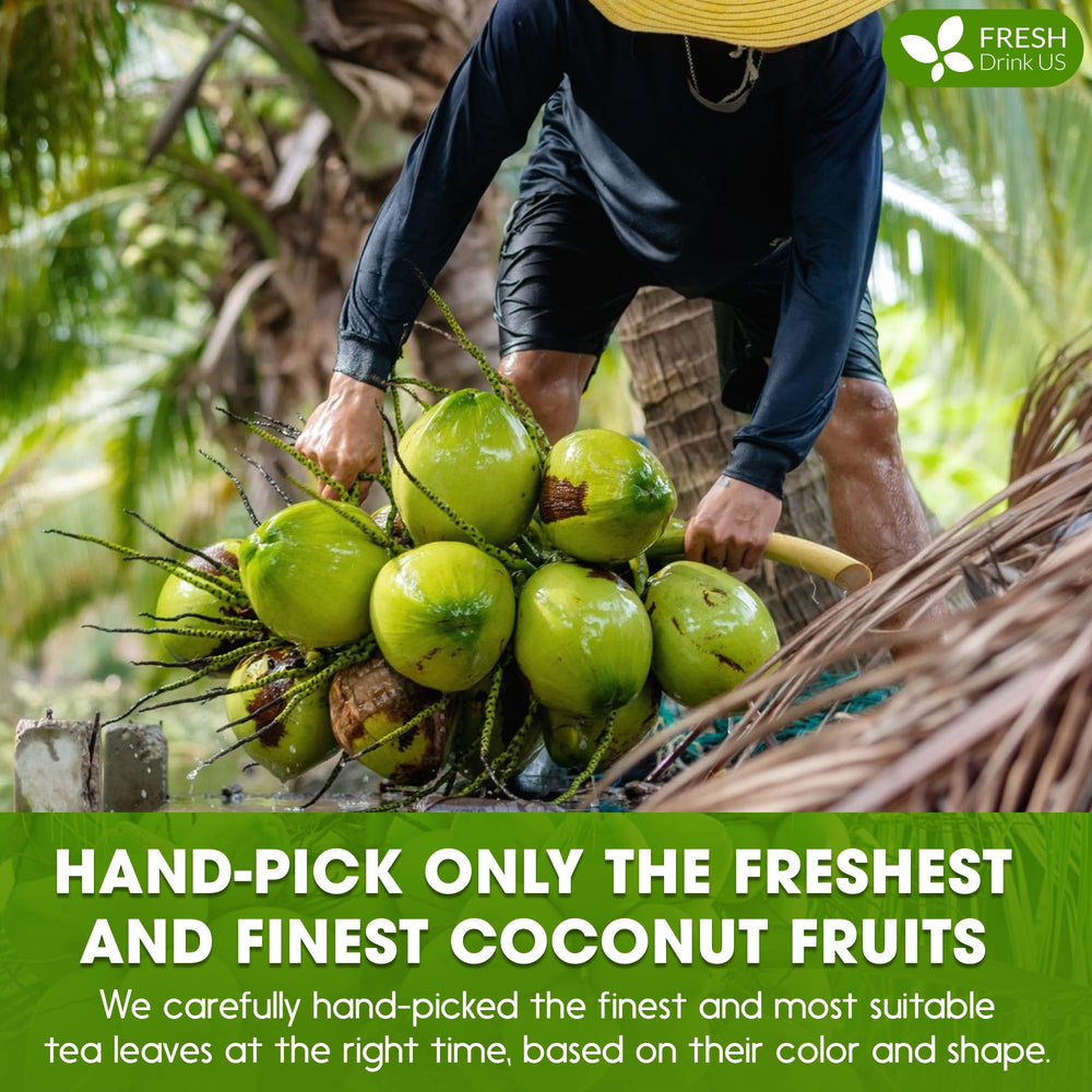 Cocos frescos junto a envase FRESHDRINKUS indicando origen sostenible y sabor natural