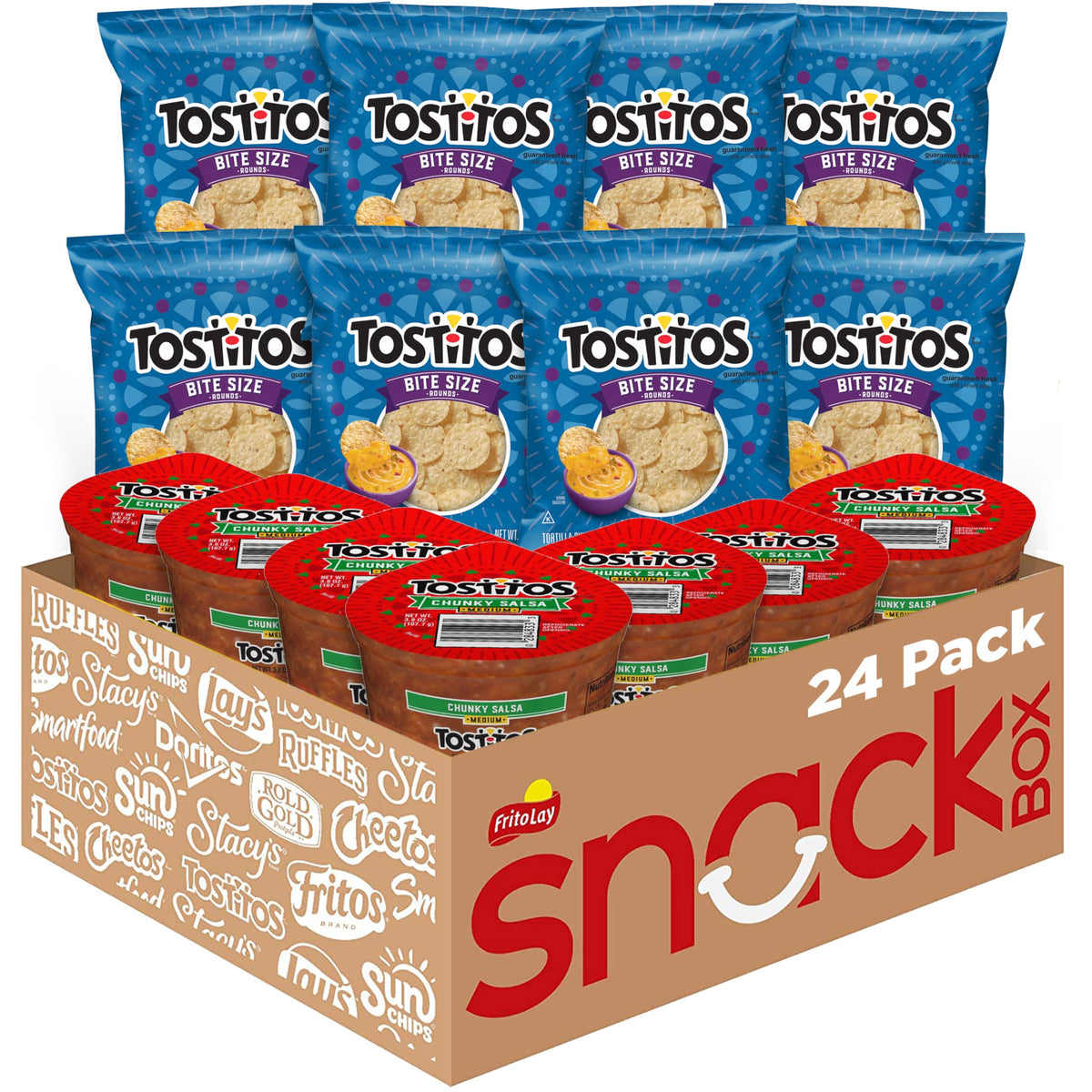 Frito Lay Tostitos empaque frontal mostrando pack de 24 porciones y conveniencia