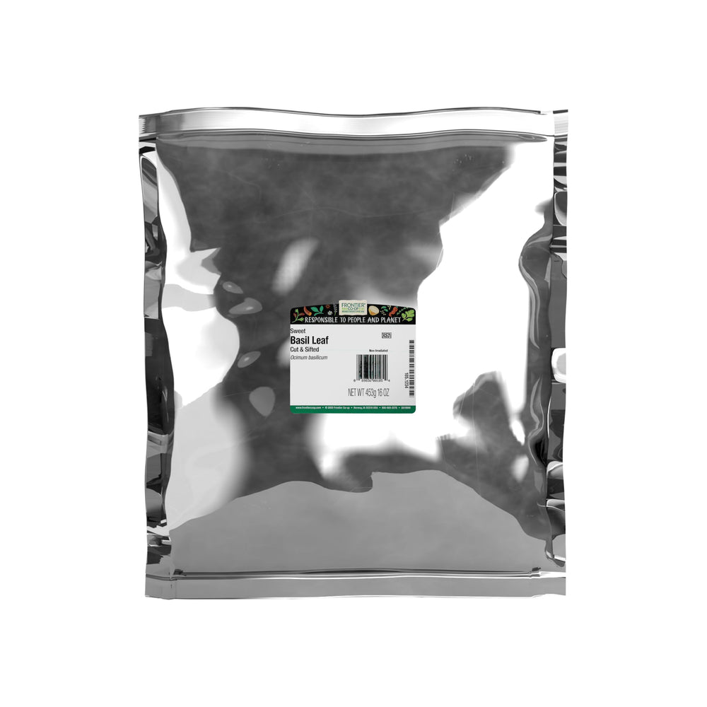 Frontier Co-op albahaca en bolsa frontal muestra contenido y conservación
