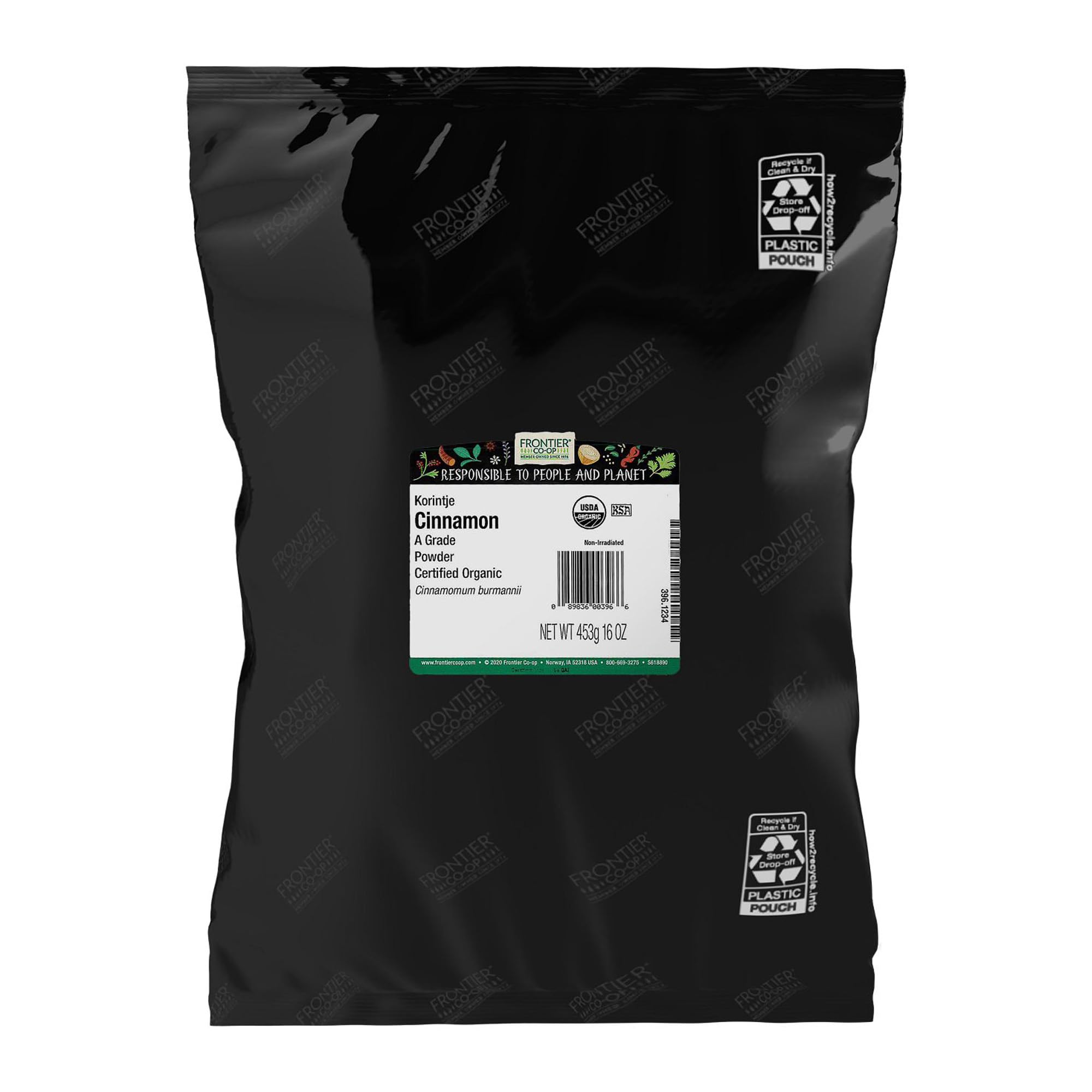Frontier Co-op frasco frontal mostrando canela Korintje orgánica y cantidad