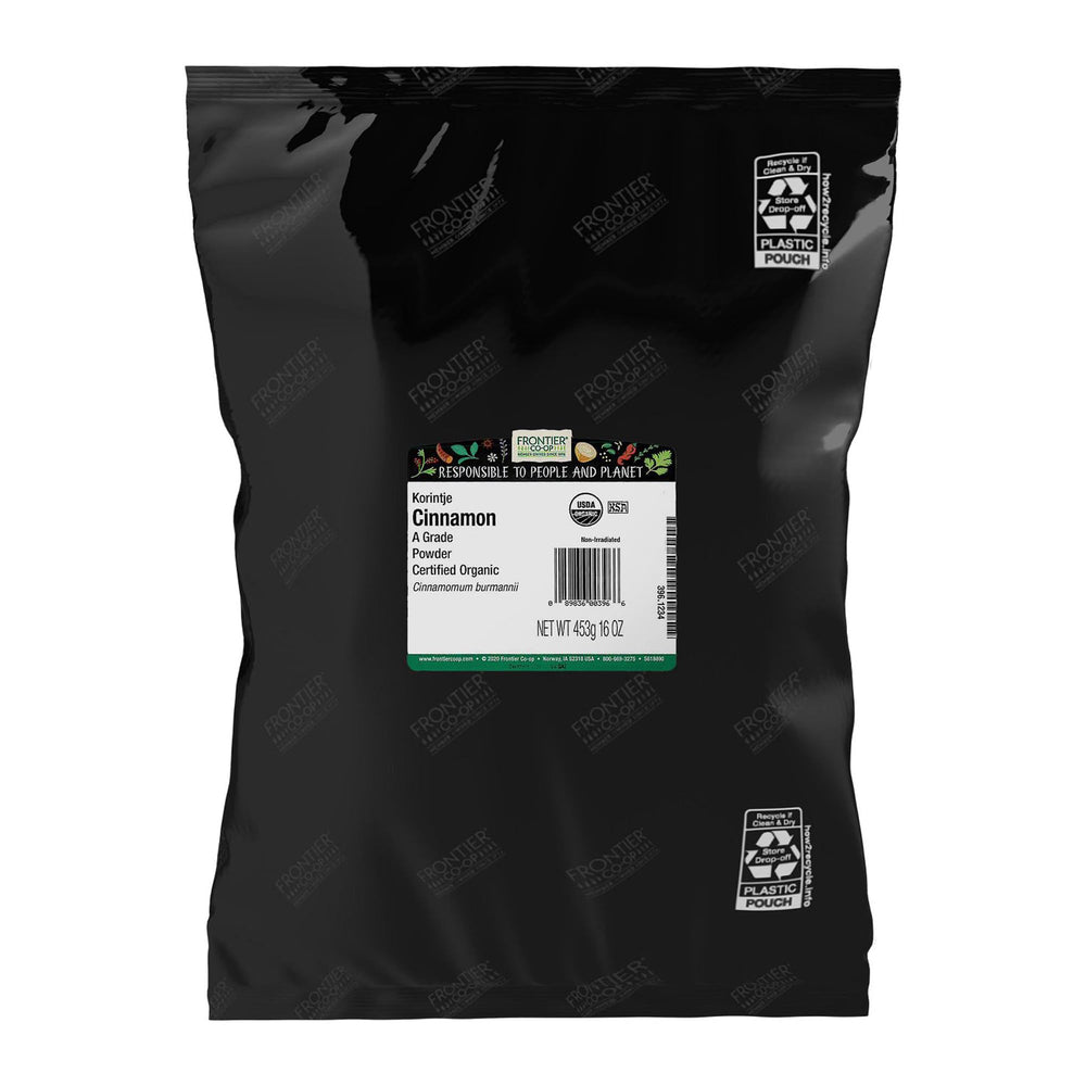 Frontier Co-op frasco frontal mostrando canela Korintje orgánica y cantidad