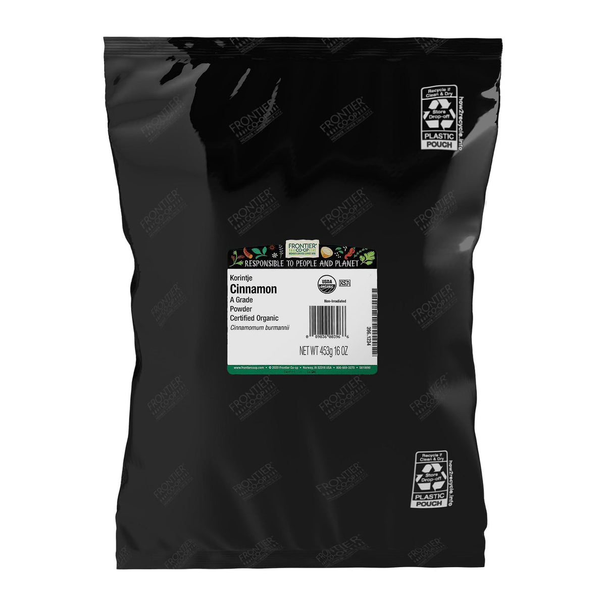 Frontier Co-op frasco frontal mostrando canela Korintje orgánica y cantidad