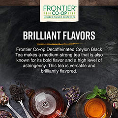 Frontier Co‑op taza servida con té Ceylon descafeinado, aroma brillante y sabor equilibrado