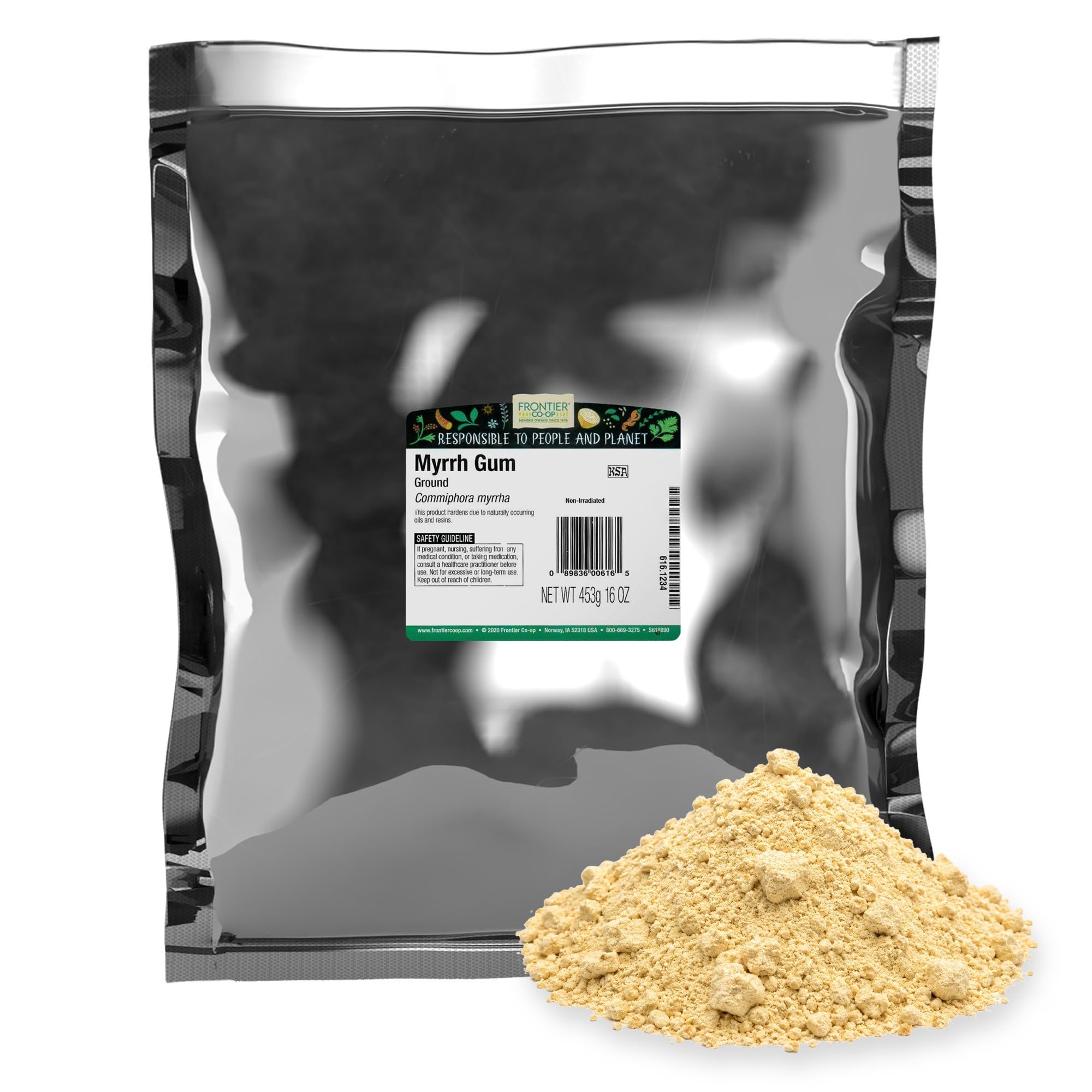 Frontier Co-op bolsa de mirra molida mostrando empaque resellable y calidad