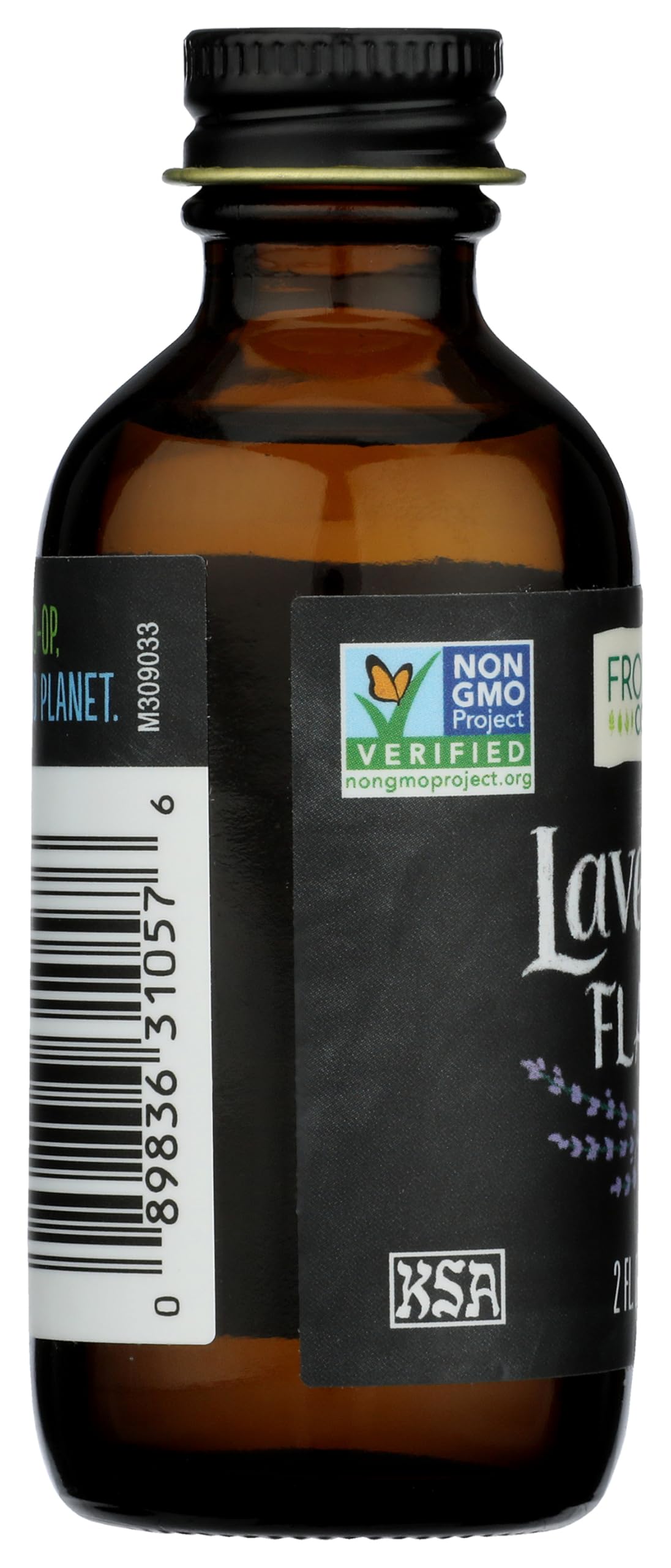 Gota de Frontier Co-op Lavender Flavor cayendo sobre cuchara, dosificación precisa y controlada