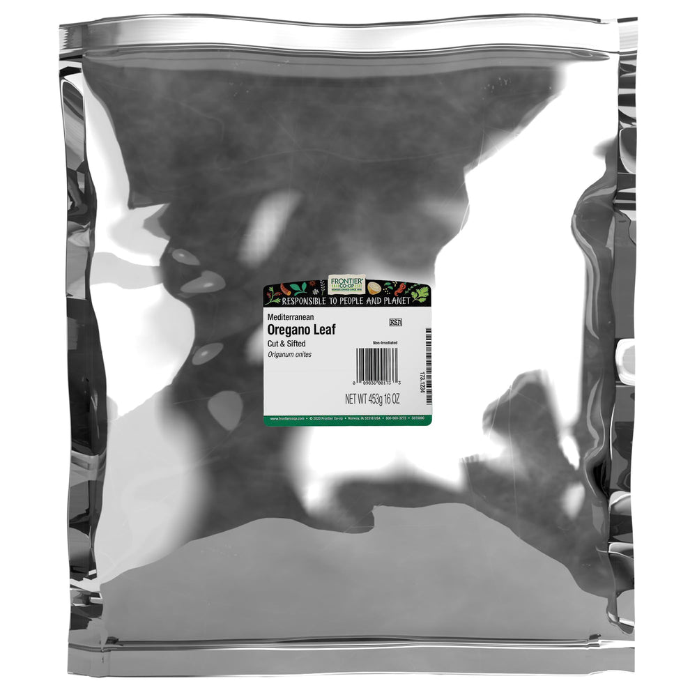 Frontier Co-op paquete frontal de orégano en hoja 1 lb, almacenamiento práctico