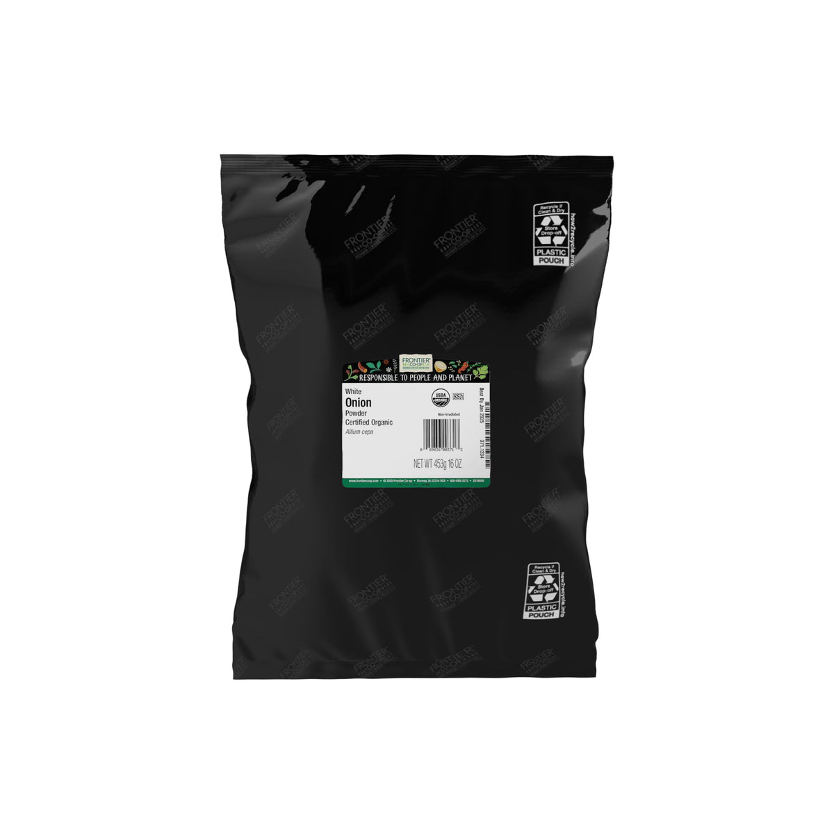 Frontier Co-op bolsa de polvo de cebolla blanca mostrando el frente y marca, práctico para cocina