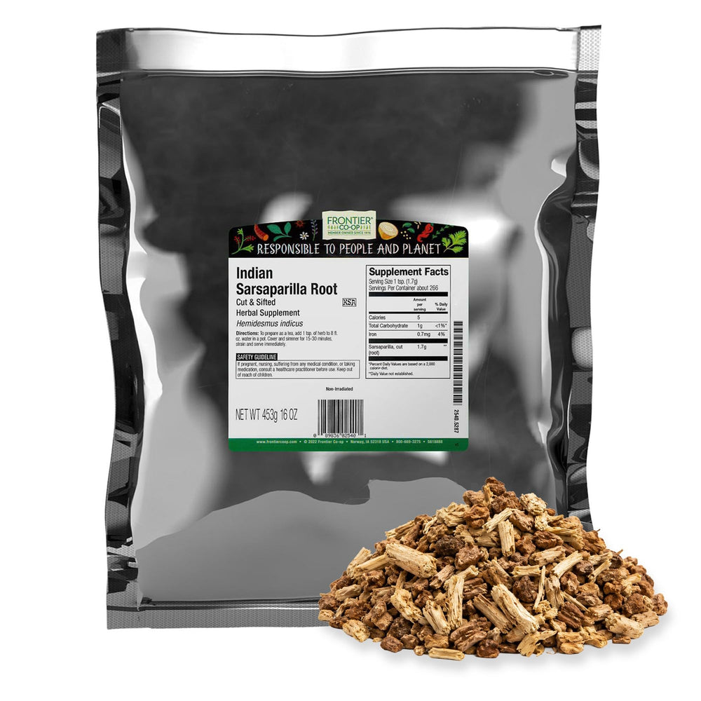 Frontier Co-op paquete frontal de raíz de sarsaparilla mostrando empaque a granel y marca