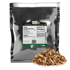 Frontier Co-op paquete frontal de raíz de sarsaparilla mostrando empaque a granel y marca