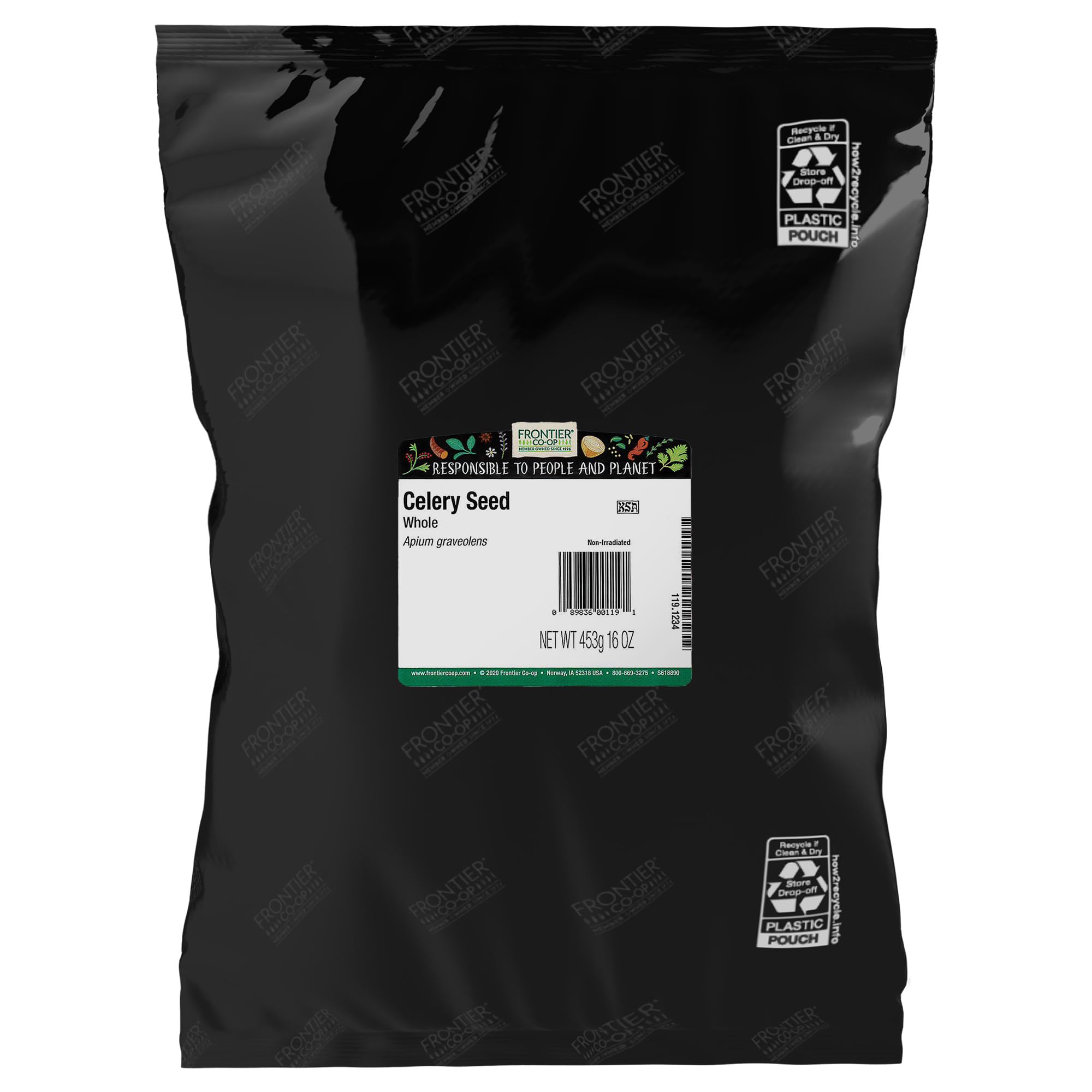 Frontier Co-op bolsa de semillas de apio frente mostrando presentación y beneficio de volumen