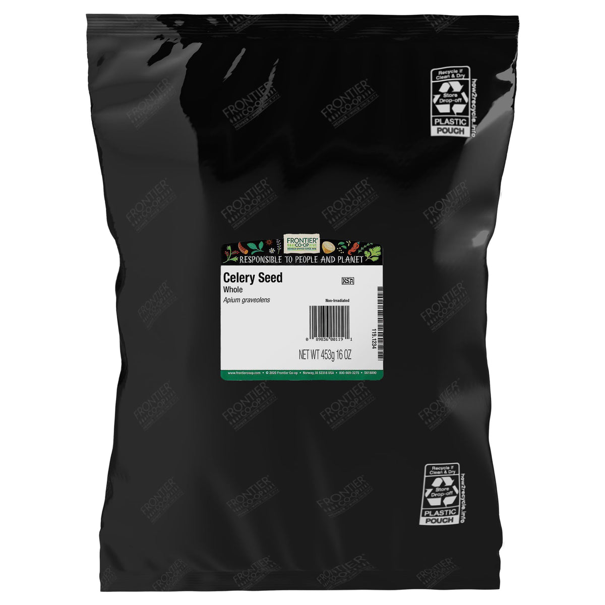 Frontier Co-op bolsa de semillas de apio frente mostrando presentación y beneficio de volumen