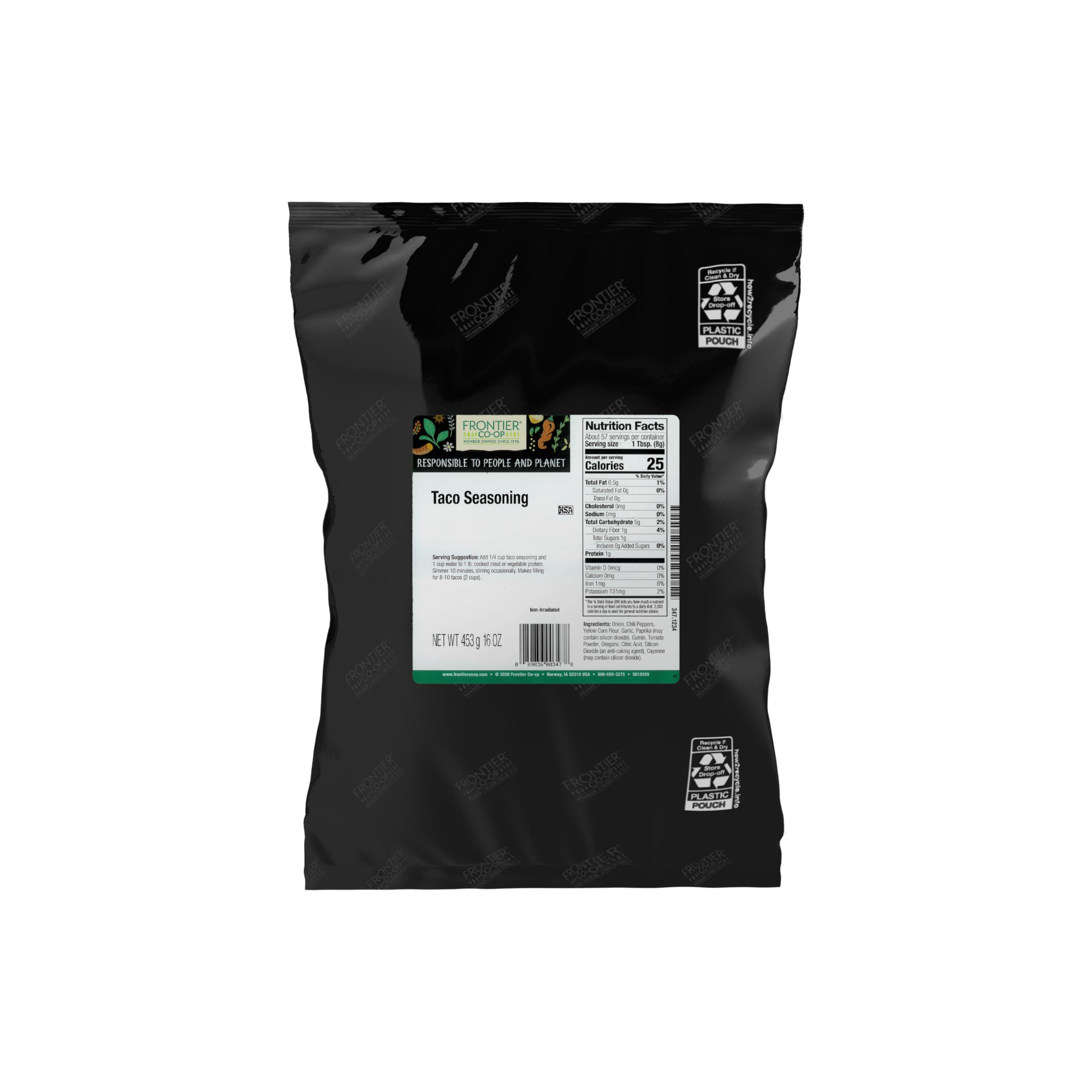 Frontier Co-op bolsa frontal mostrando mezcla sin sal y rendimiento