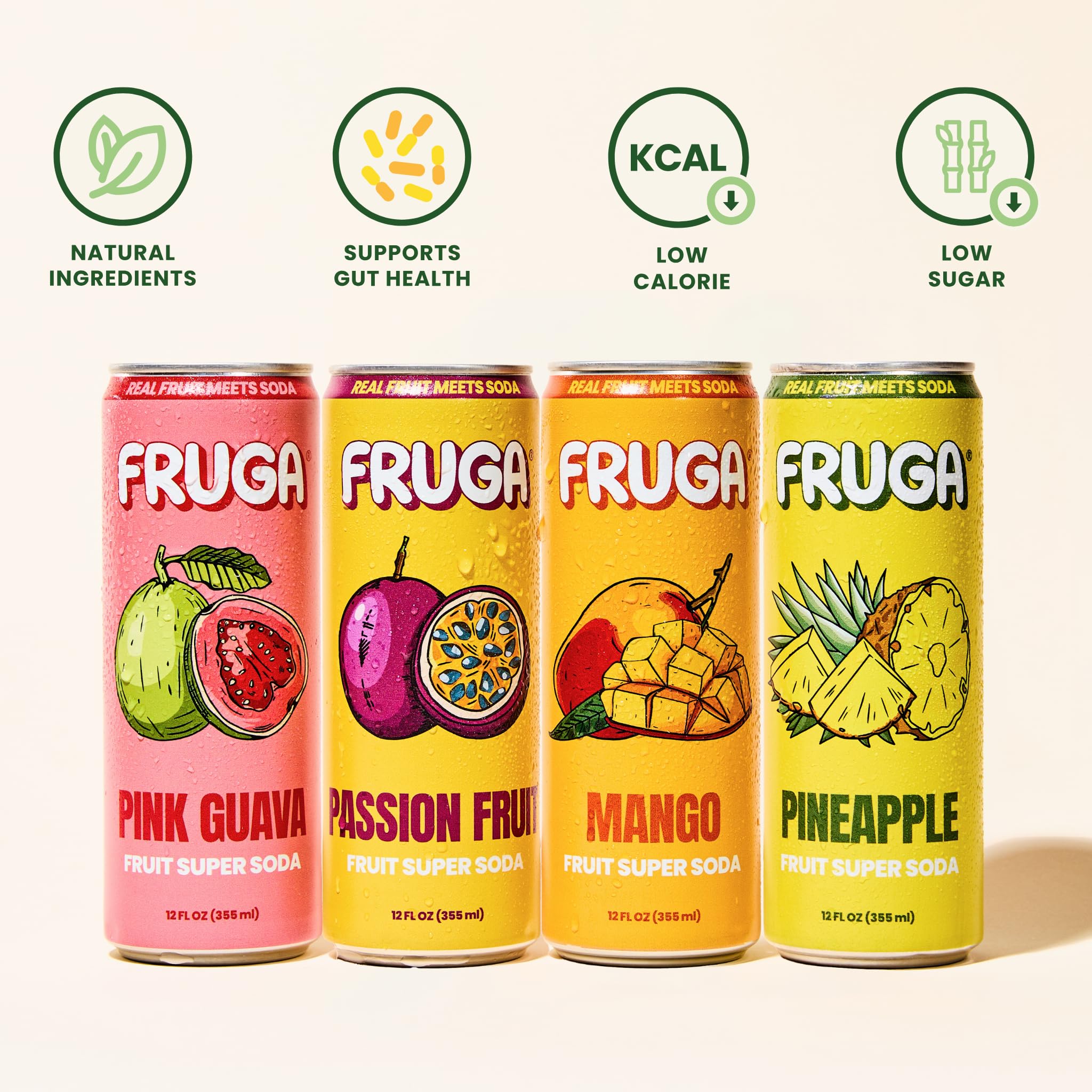 FRUGA varias latas agrupadas resaltando variedad de sabores y colorido