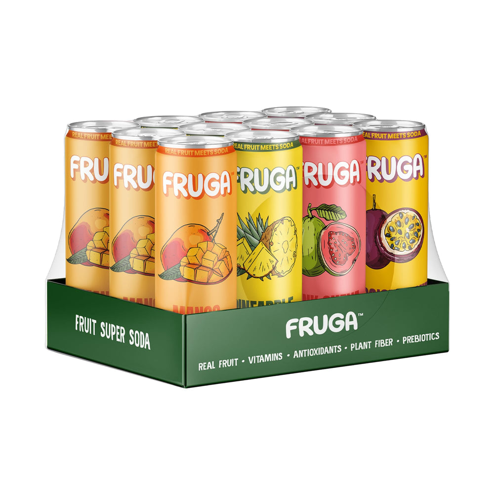 FRUGA vista frontal del pack de 12 latas mostrando diseño y beneficios