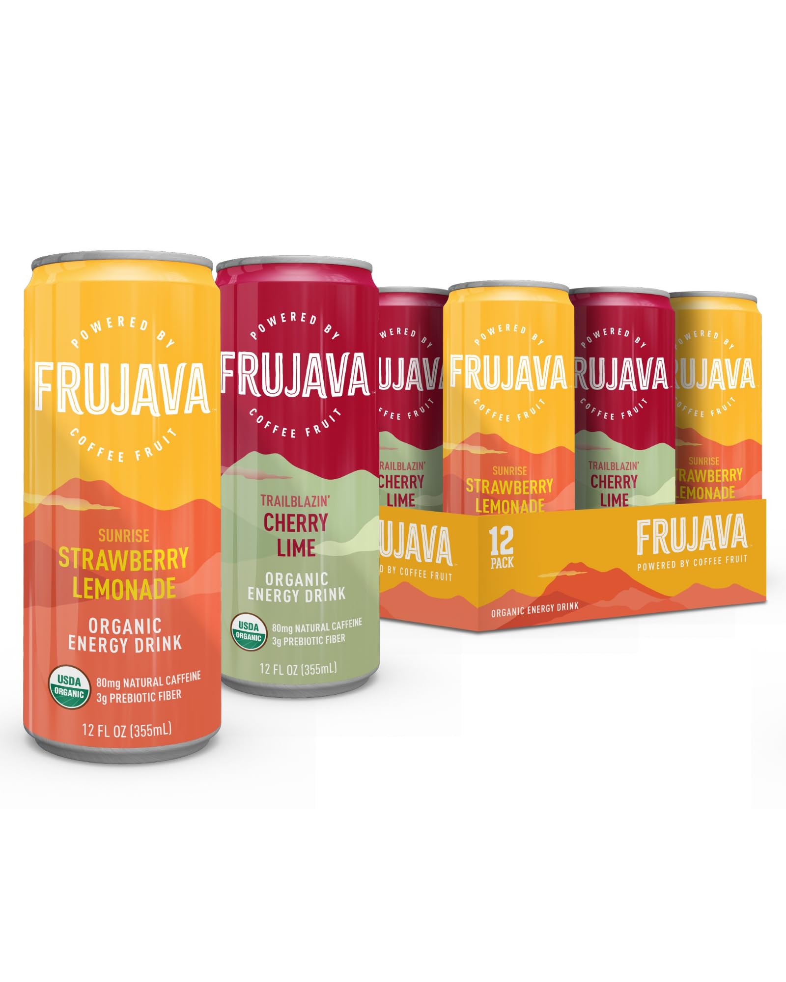 Frujava pack frontal mostrando 12 latas y variedad de sabores, ideal para llevar
