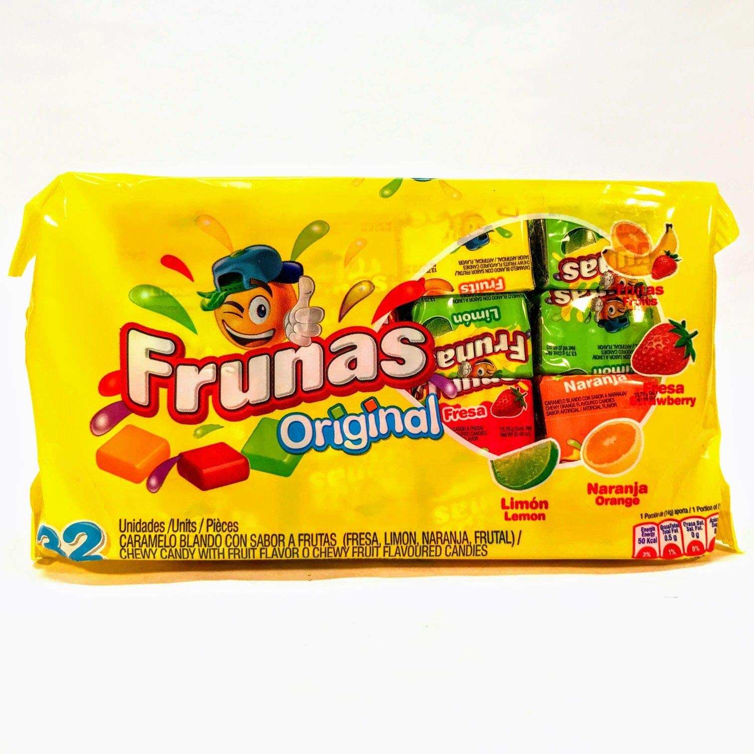 Frunas caja frontal mostrando 32 caramelos y presentación práctica