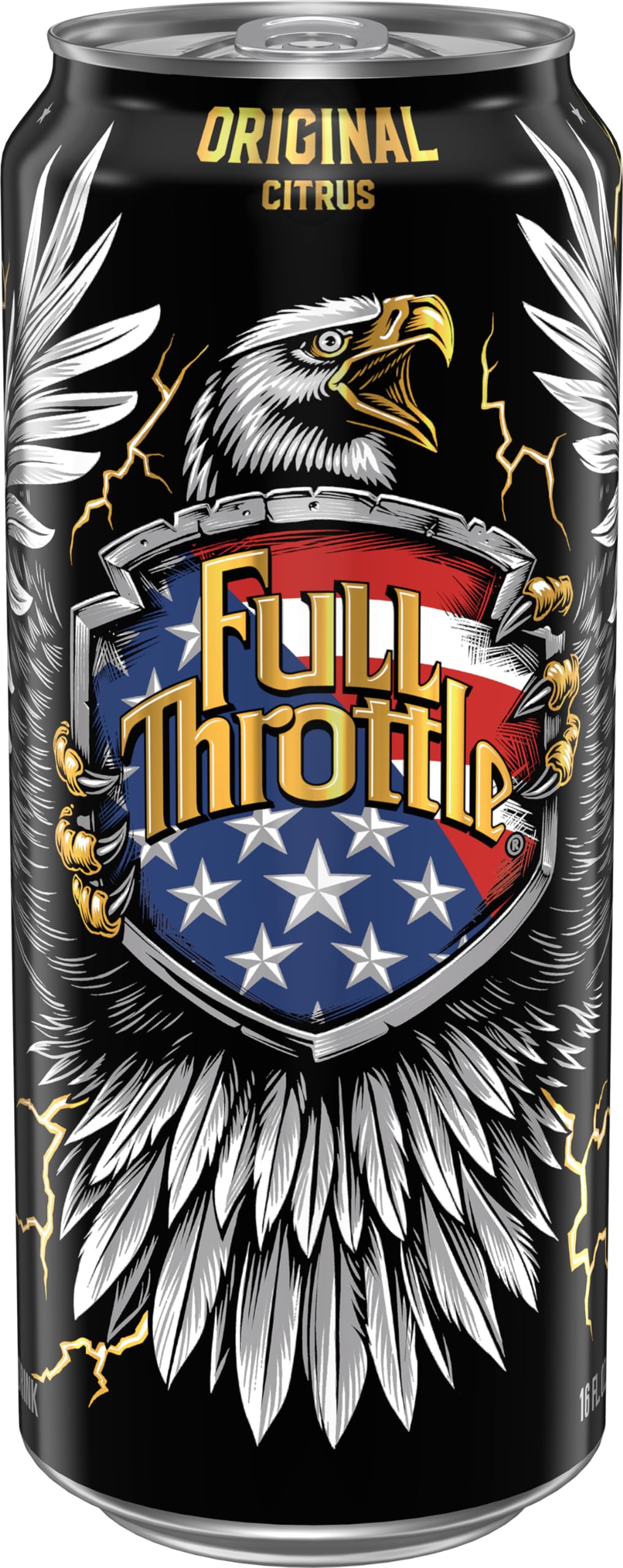 Lata de Full Throttle en mano para comparar tamaño y duración de la porción