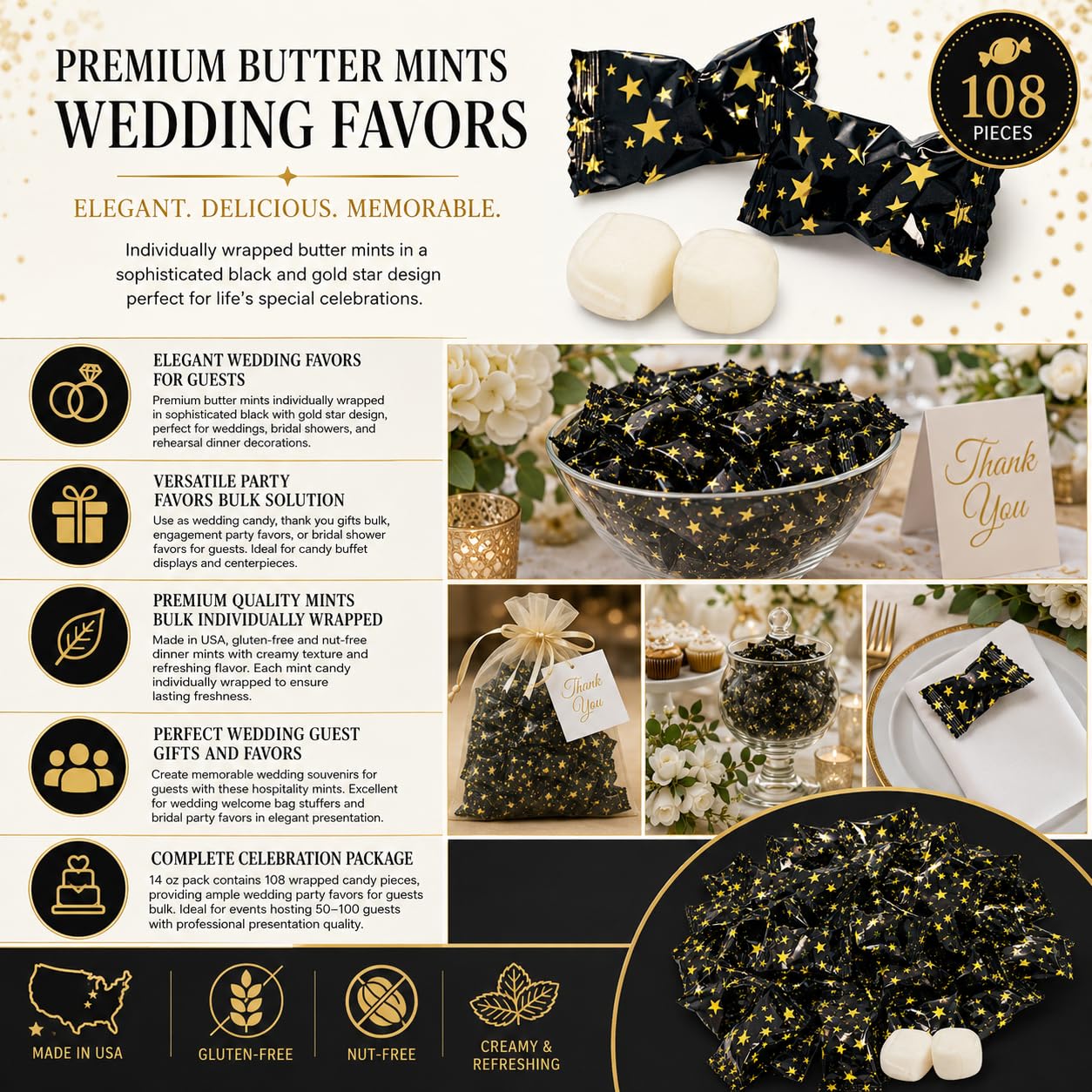 Fun Express detalle de envoltura negra con estrellas doradas, estilo festivo