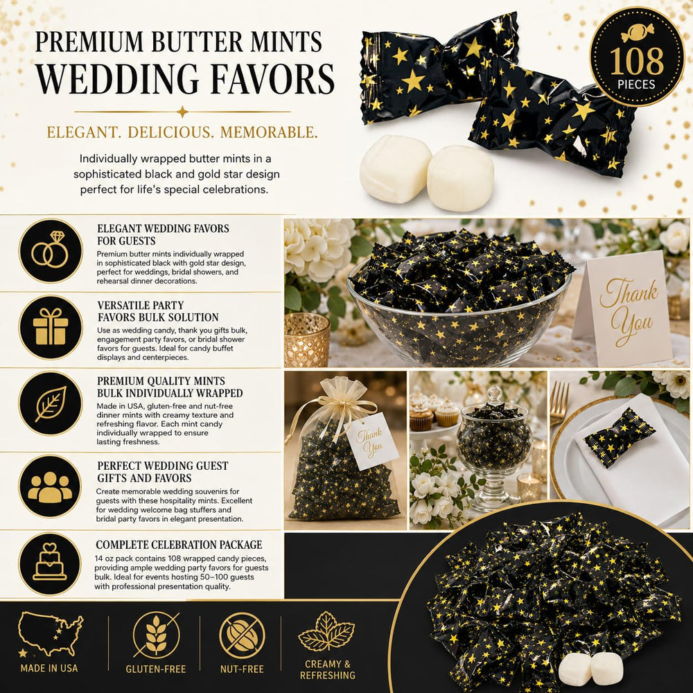 Fun Express detalle de envoltura negra con estrellas doradas, estilo festivo