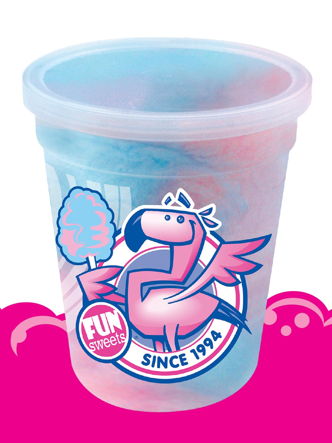 Fun Sweets etiqueta sabor resaltando Blue Raspberry y Cherry Swirl identificables