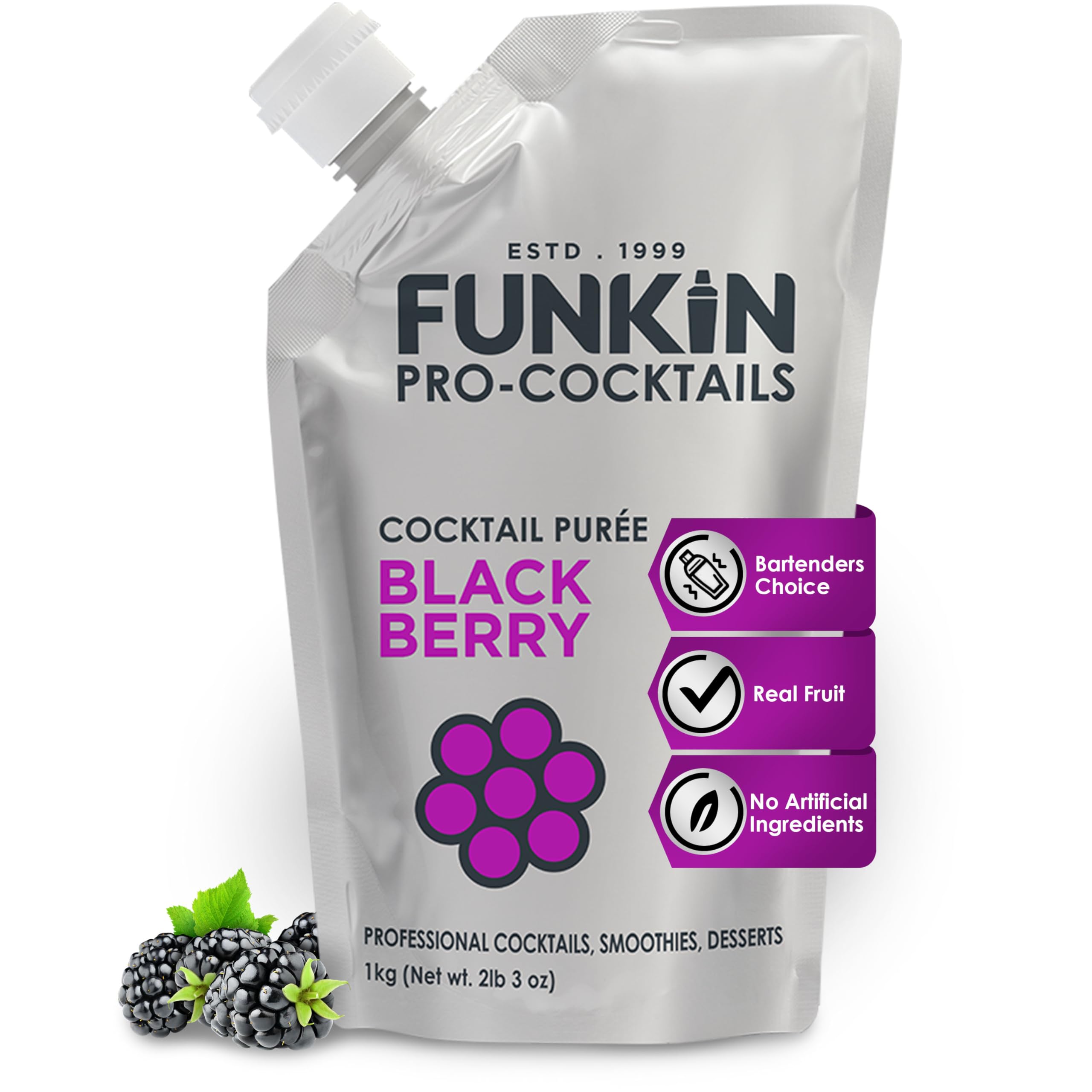 Funkin envase frontal de puré de mora muestra presentación y beneficios prácticos