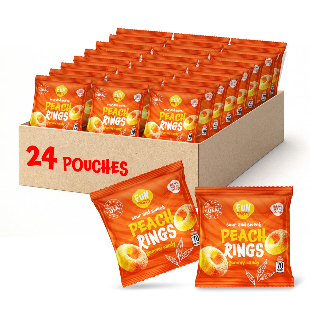 FUNTASTY frente del empaque mostrando 24 paquetes, almacenamiento fácil y ordenado