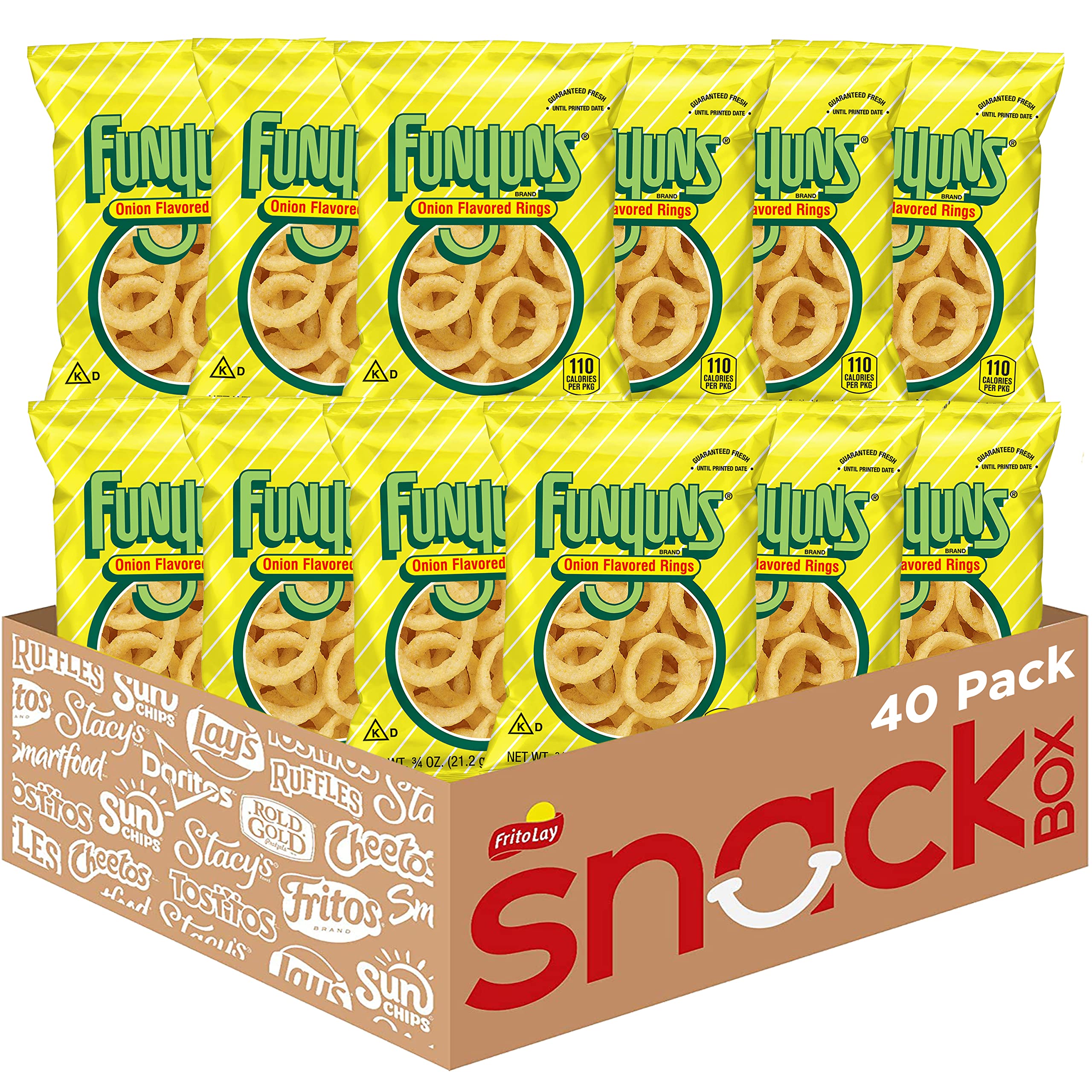 Funyuns empaque frontal mostrando 40 bolsas para almacenamiento fácil