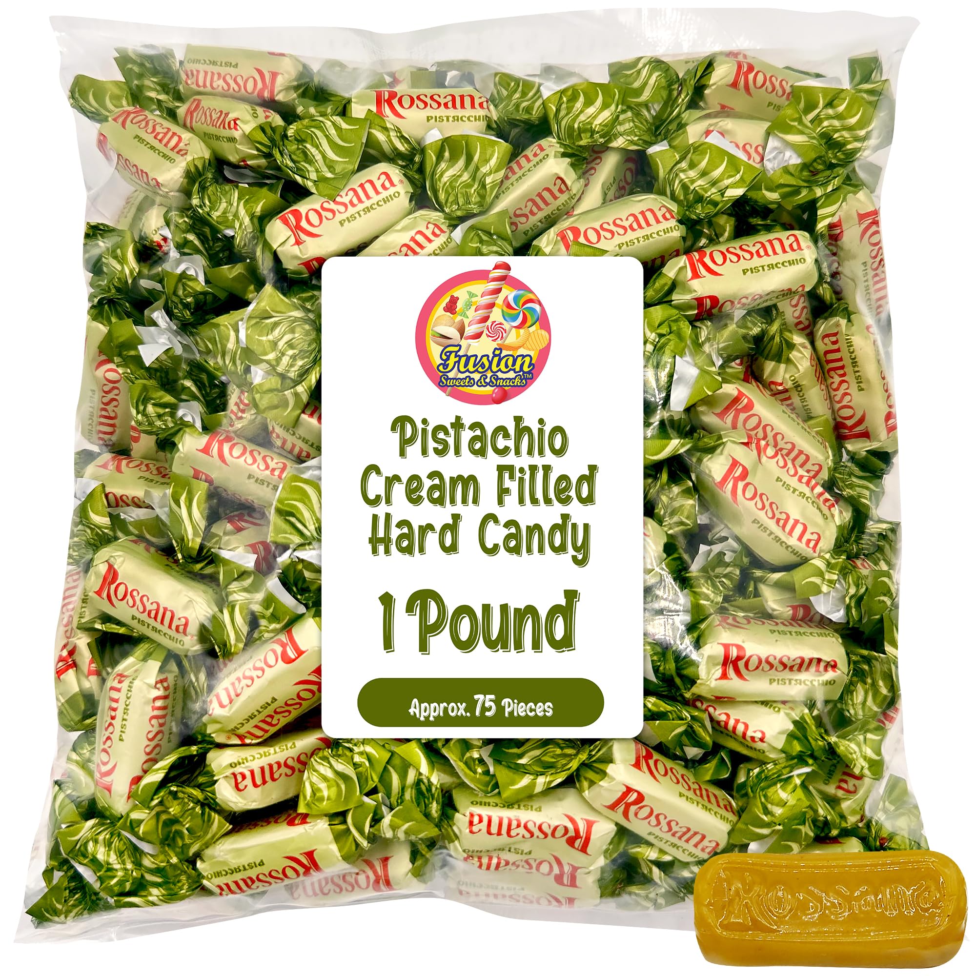 Fusion Sweets And Snacks corte del caramelo mostrando textura cremosa de pistacho