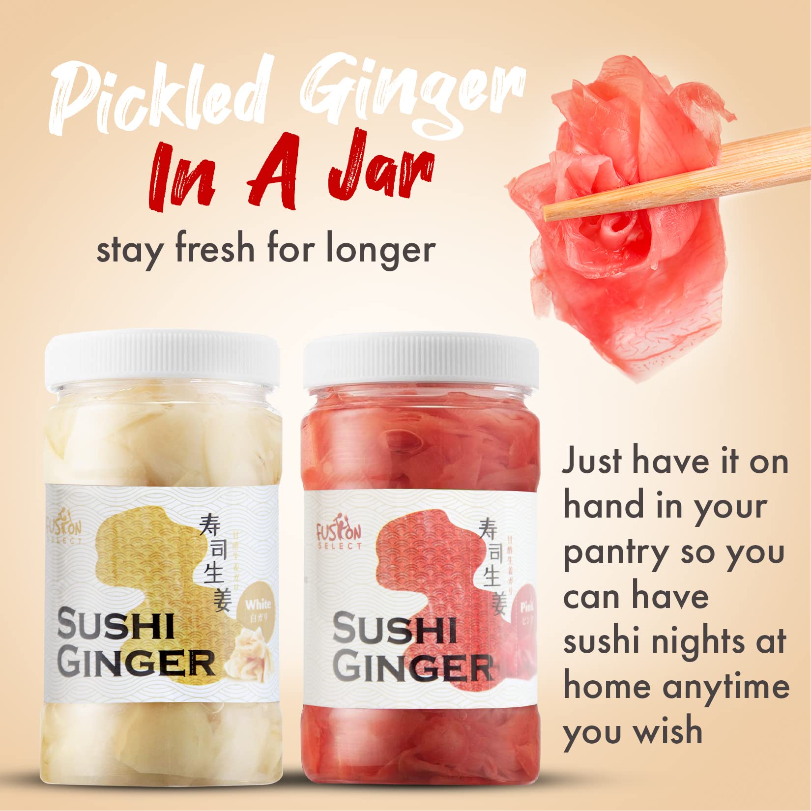 Fusion Select escena de mesa con chopsticks y gari para presentación atractiva