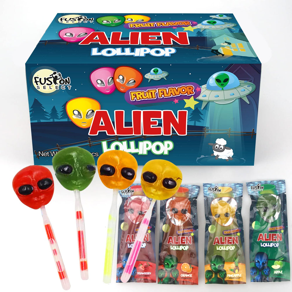 Fusion Select vista frontal del paquete muestra 60 piruletas alienígenas coloridas y atractivas