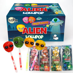 Fusion Select vista frontal del paquete muestra 60 piruletas alienígenas coloridas y atractivas
