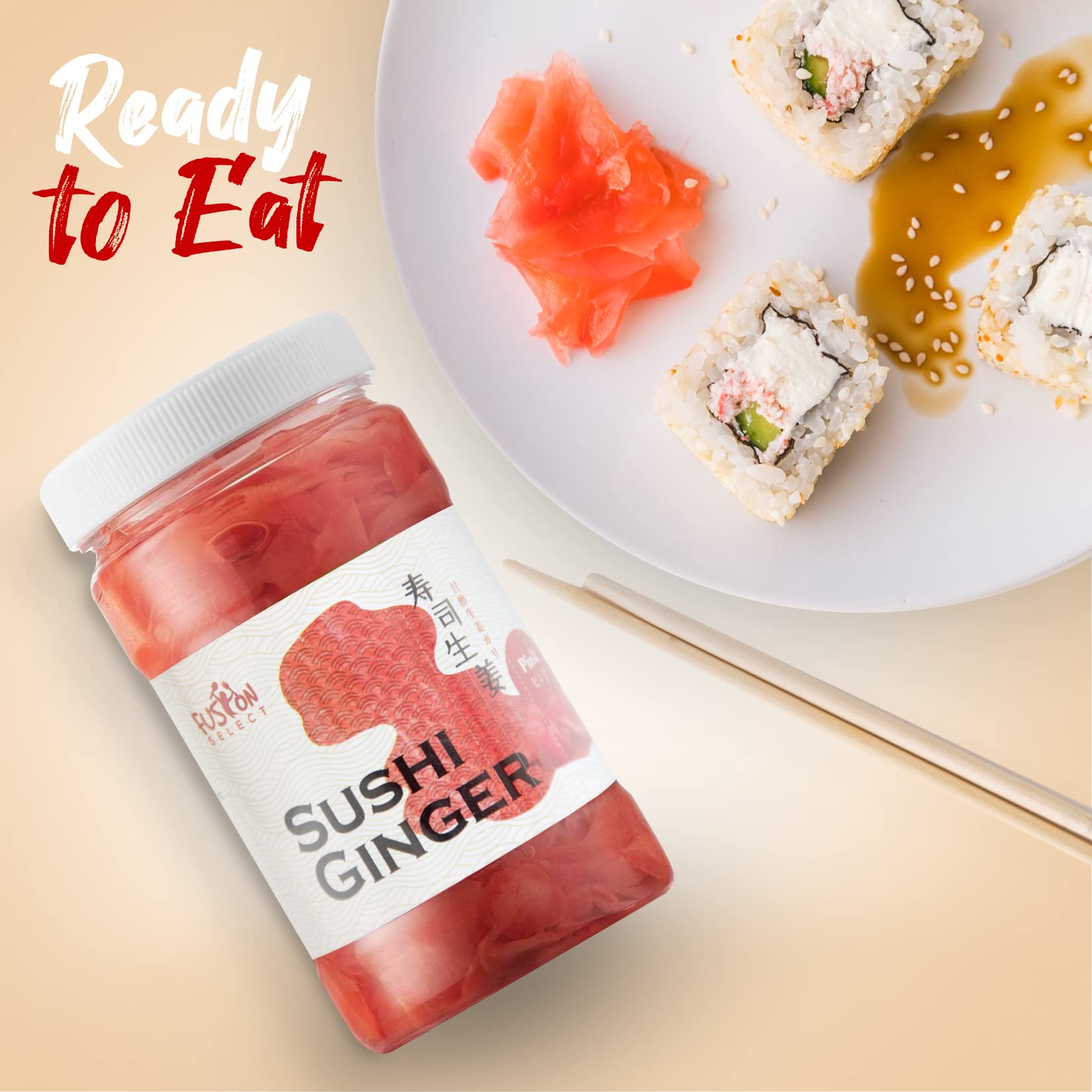 Fusion Select envase abierto con láminas de gari listas para servir y uso inmediato