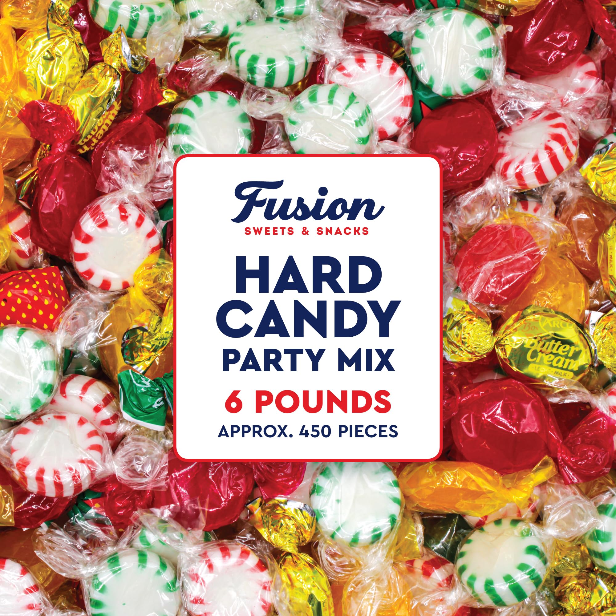 Fusion Sweets And Snacks paquete frontal mostrando marca y cantidad seis libras
