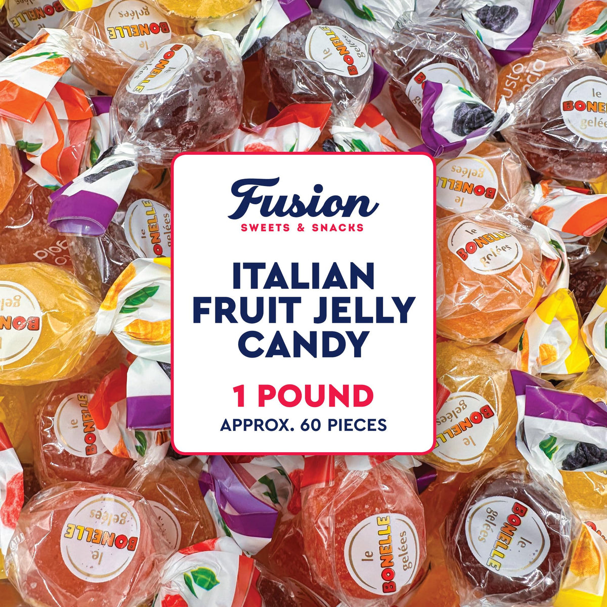 Fusion Sweets And Snacks bolsa frontal Bonelle mostrando envase y cantidad