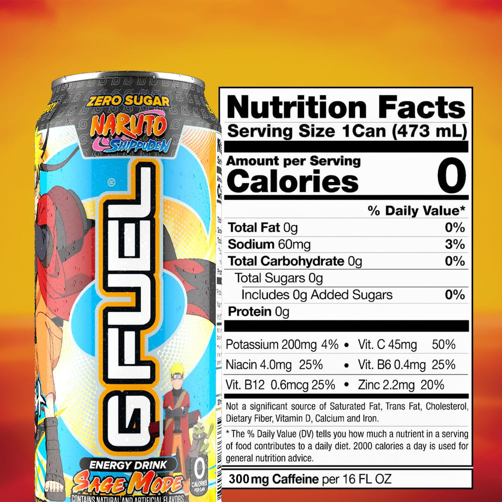 G Fuel lata Sage Mode detalle del ángulo con texto de la etiqueta y beneficio de enfoque