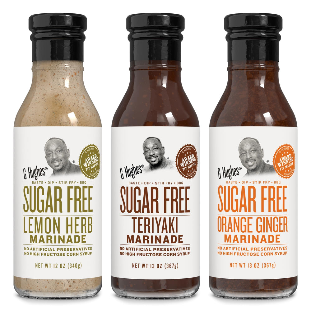 G Hughes frascos surtidos frente mostrando tres sabores para combinar y ahorrar calorías