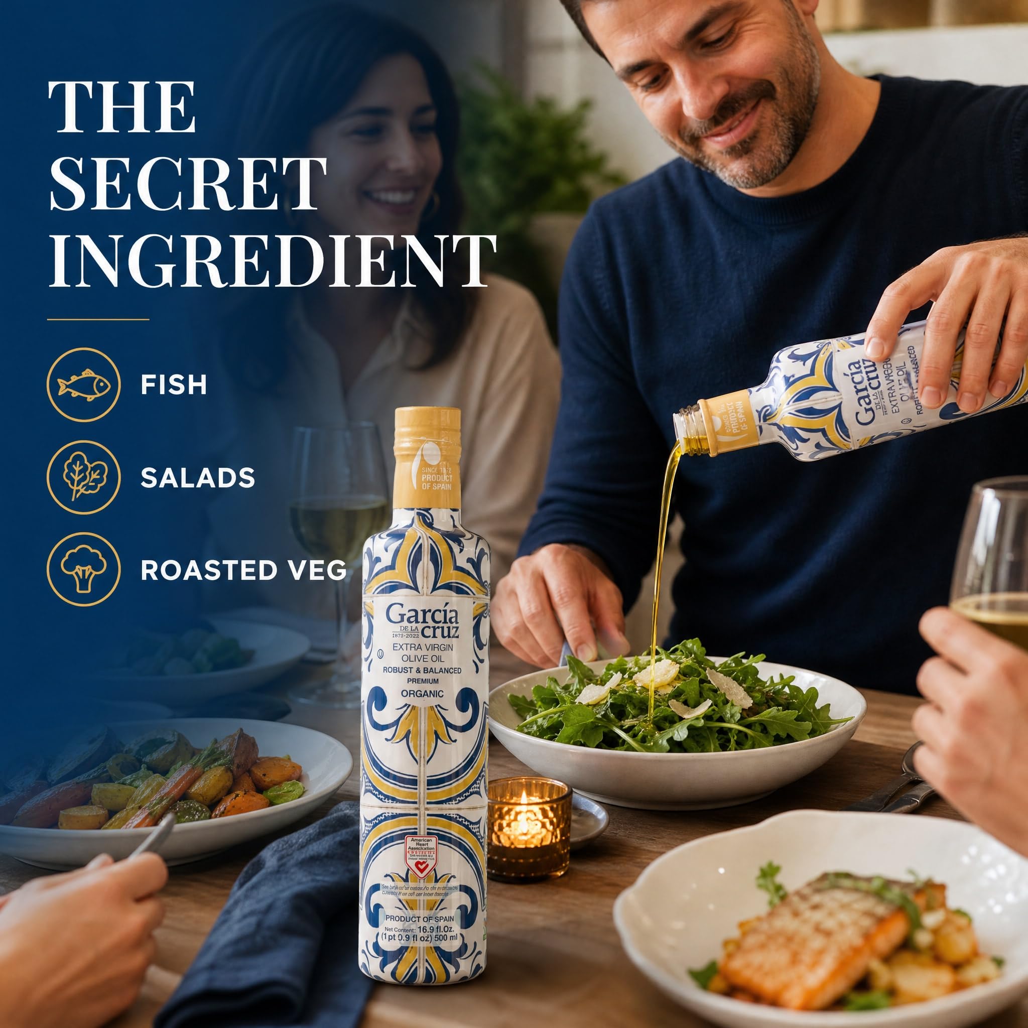 GARCÍA DE LA CRUZ aceite vertido sobre ensalada realzando sabores frescos