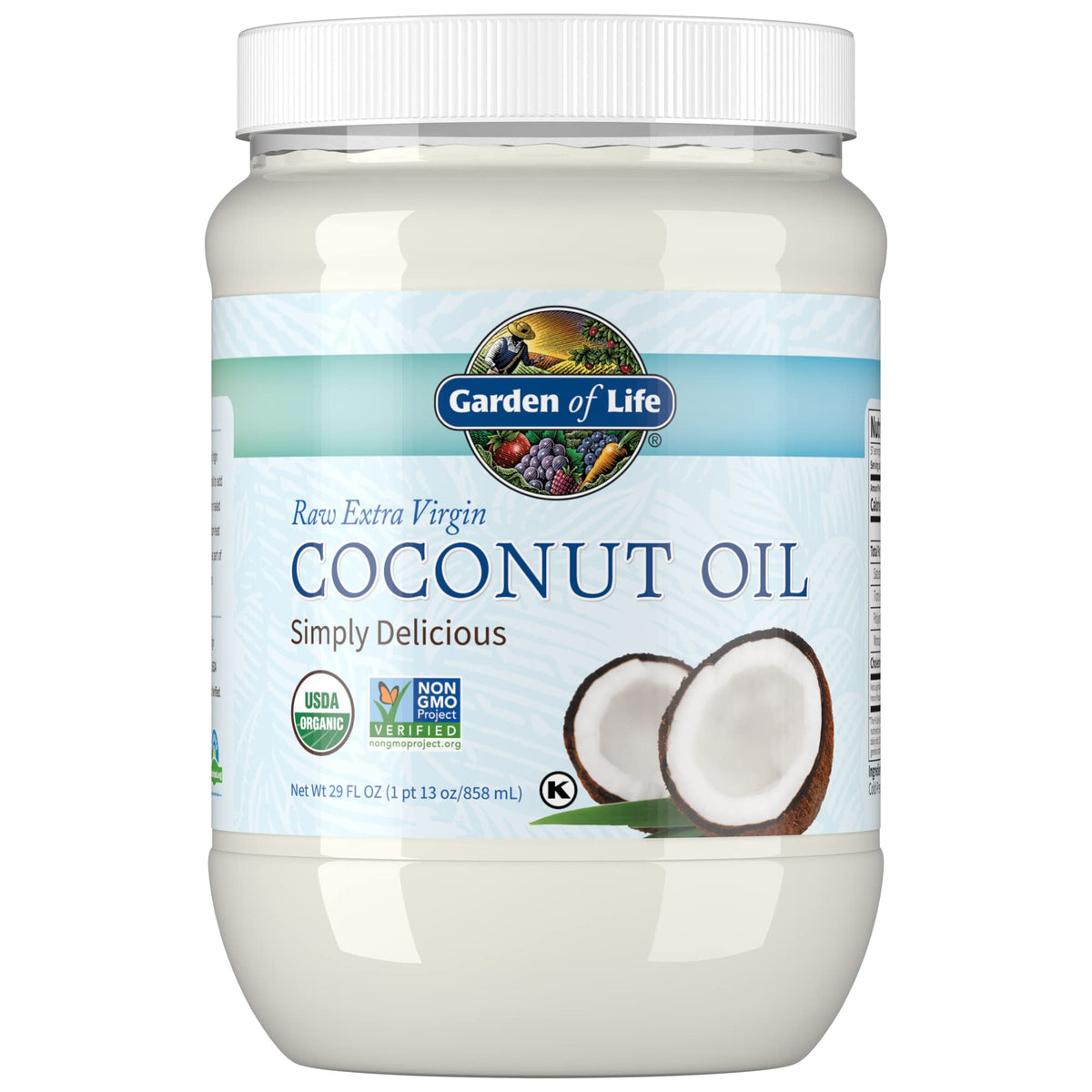 Garden of Life frasco frontal mostrando aceite de coco orgánico, opción culinaria confiable