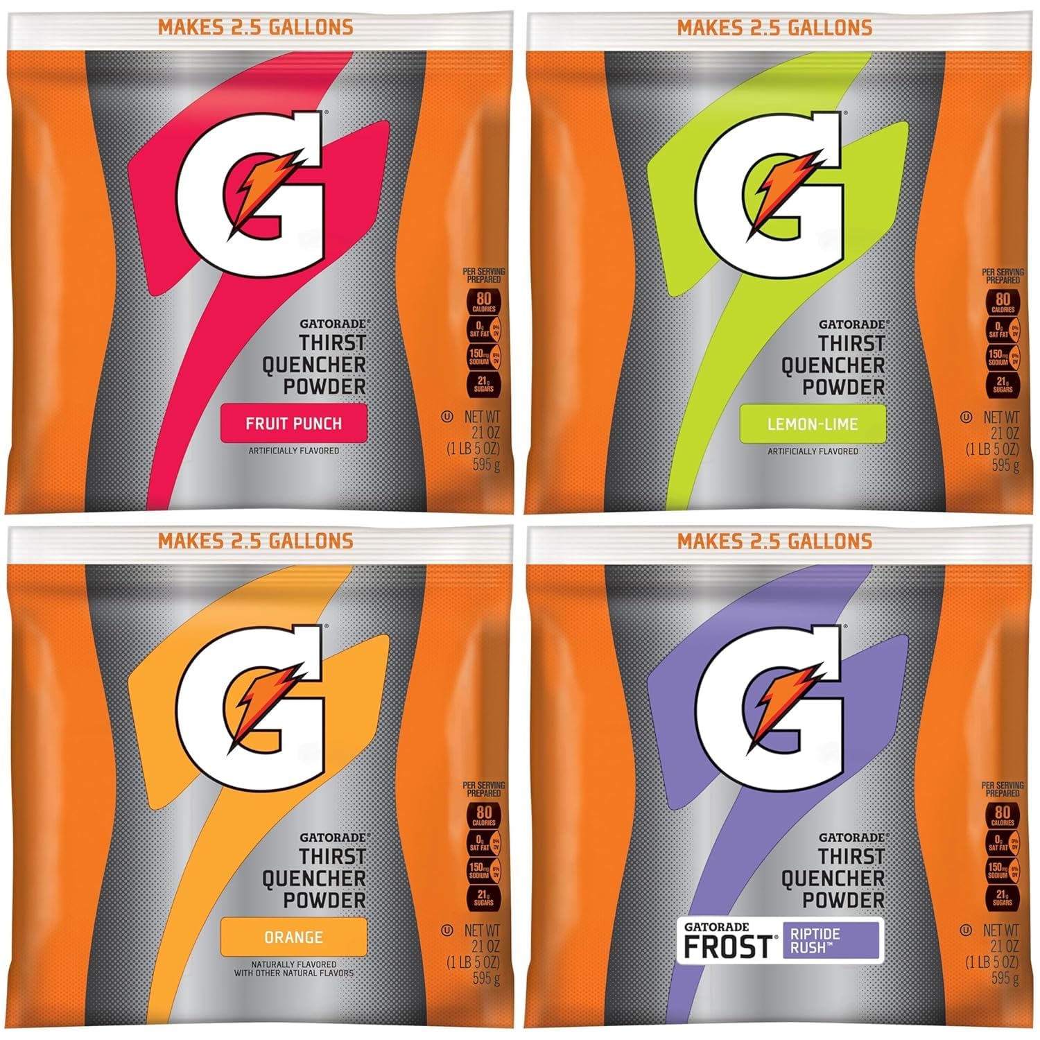 Gatorade empaque frontal con variedad de sabores mostrando cantidad y marca