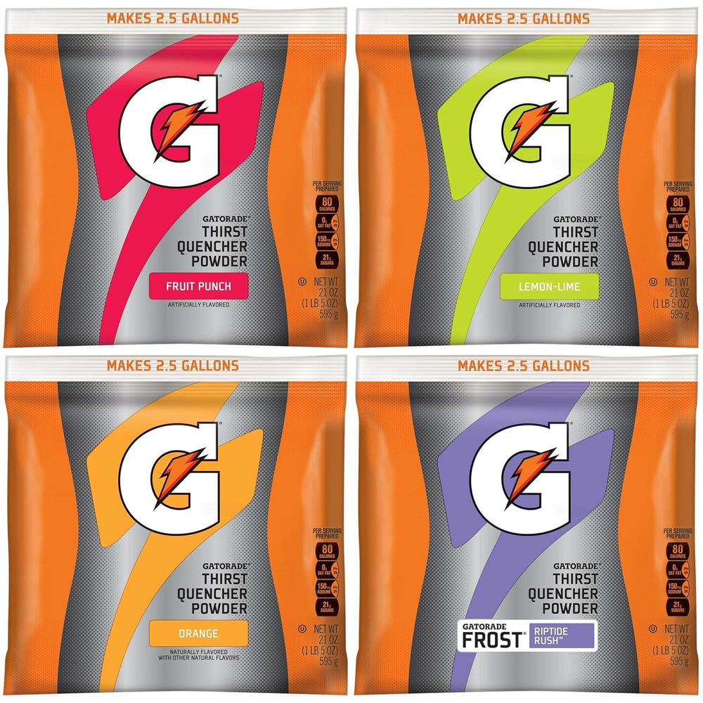 Gatorade empaque frontal con variedad de sabores mostrando cantidad y marca