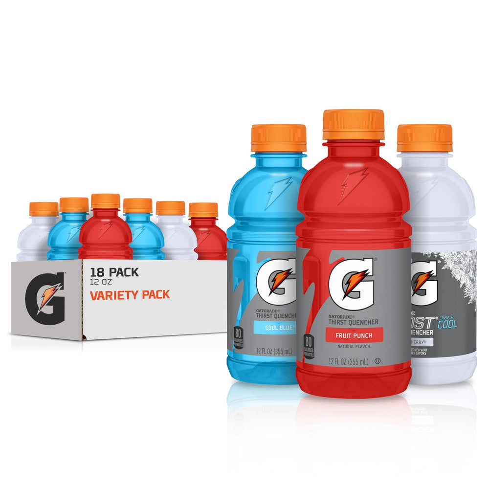 Gatorade pack frontal 18 botellas mostrando variedad y conveniencia